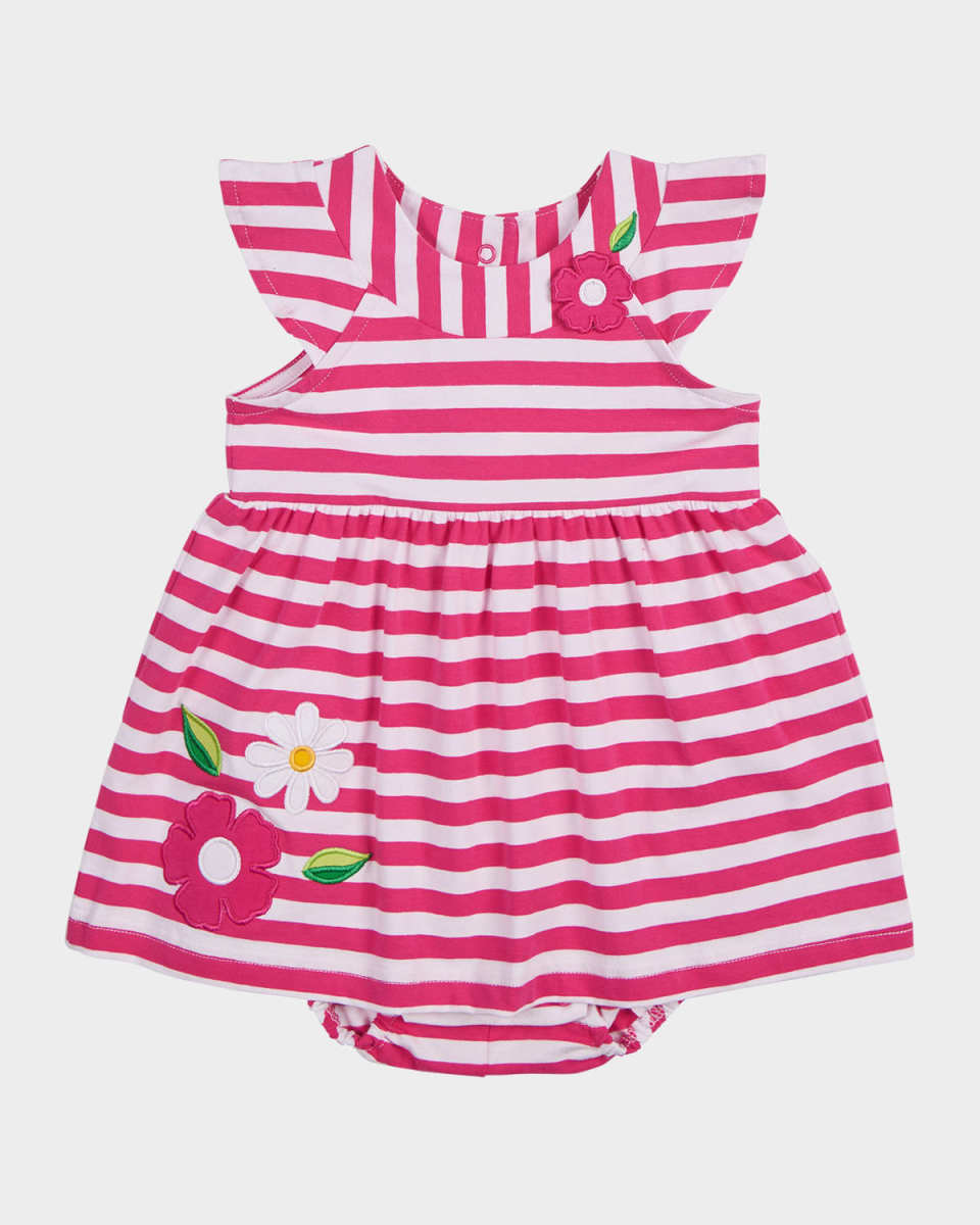 Girl's Floral Embroidered Stripe Knit Romper, Size 3M-24